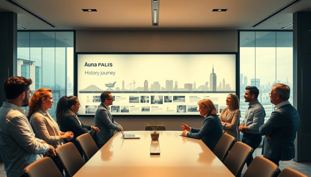 A captivating scene depicting the history of Auna, framed in a split layout. In the foreground, a diverse group of professionals in business attire are engaged in a lively discussion around a modern conference table, with historical photographs of Auna’s key milestones displayed on a screen behind them. The middle area features a timeline mural showcasing the company’s evolution, including early days, major developments, and impactful milestones, with soft lighting accentuating the details. The background displays a sleek, contemporary office environment with large windows revealing a city skyline, symbolizing growth and innovation. The atmosphere is dynamic and inspiring, highlighting professionalism and a commitment to progress in the telecommunications industry. Capture the essence of Auna's journey with a lens effect that adds depth to the image.
