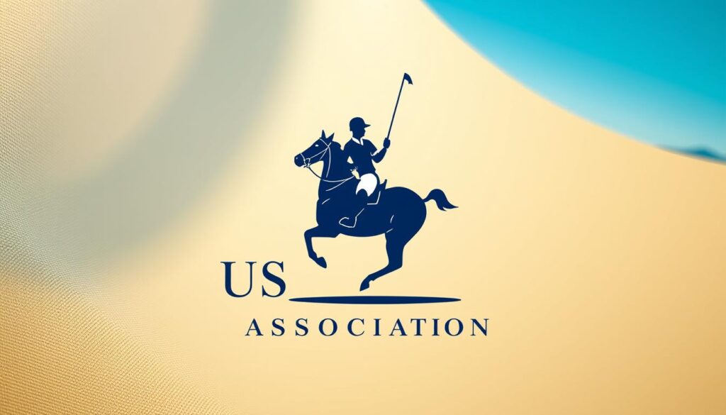 A clean, modern representation of the US Polo Association logo, showcasing a striking horse and rider in an elegant pose, symbolizing tradition and Americana. The foreground features the logo prominently displayed in rich navy blue and crisp white tones. In the middle ground, include subtle textures resembling fabric or polo attire to symbolize the brand’s connection to the sport of polo. The background should be softly blurred, suggesting a refined outdoor setting like a polo field, with hints of green grass and a clear blue sky. Soft, natural lighting creates a warm yet professional atmosphere, emphasizing the logo’s iconic design. The overall mood should reflect a sense of heritage and style, making it suitable for a sophisticated audience.