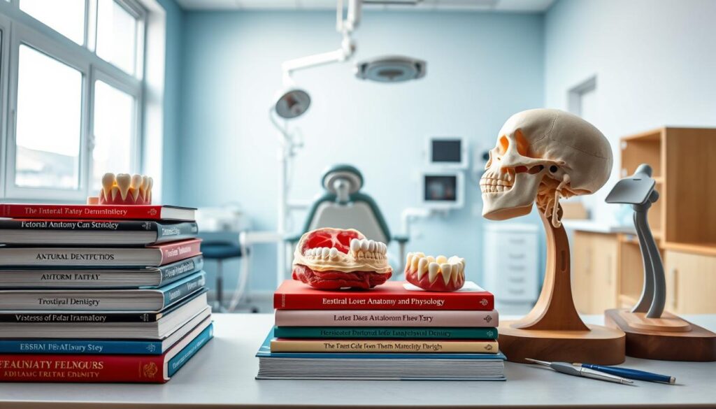 A clinical examination room filled with essential items for dental studies on a desk. In the foreground, a neatly arranged stack of textbooks on dentistry, anatomy, and physiology. Beside them, anatomical models of teeth and jaw structures, showcasing their intricate details. In the middle ground, a dental chair with tools like mirrors and probes at arm's reach, symbolizing practical skills in dentistry. The background consists of a well-lit room with pale blue walls and a large window allowing natural light to illuminate the scene. The atmosphere is focused and scholarly, evoking a sense of preparation and ambition for students pursuing a career in dentistry. The image should be realistic and crisp, rendered with soft, natural lighting to emphasize the importance of education.