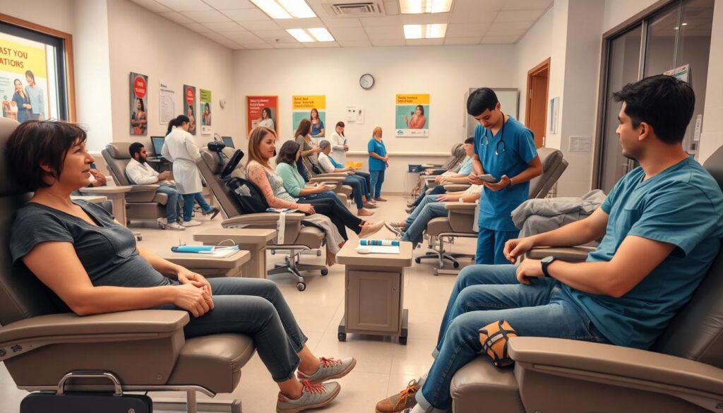 A clinically clean and well-lit blood donation center scene. In the foreground, a diverse group of individuals, including a middle-aged woman and a young man, comfortably seated on reclining chairs, donating blood. Each donor is wearing modest, casual clothing and appears relaxed, engaging with a nurse in scrubs who is gently guiding them through the process. In the middle ground, other donors are present, some receiving refreshments and others being attended to by staff. The background showcases posters promoting blood donation and a soothing color palette that conveys a sense of safety and calm. Soft, natural lighting illuminates the space, enhancing the inviting atmosphere. The angle is slightly elevated to capture the entire scene effectively, emphasizing the community spirit of blood donation.