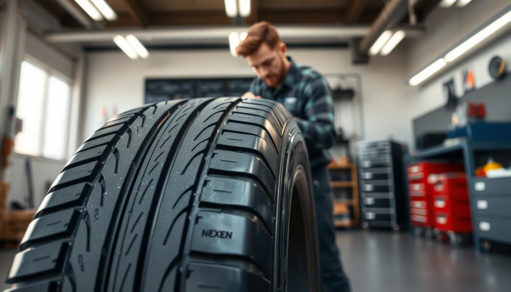 A close-up of a Nexen tire featuring its unique tread design, positioned prominently in the foreground. In the middle ground, a mechanic is inspecting the tire with tools, dressed in professional work attire, conveying a sense of expertise. The background features a clean, modern garage setting with tools and equipment neatly organized, emphasizing a professional atmosphere. Soft, natural lighting illuminates the scene, creating a warm yet focused mood. The angle is slightly elevated, giving a comprehensive view of the tire's details, such as the brand logo and tread patterns, while incorporating subtle reflections on the tire surface. This composition highlights the quality and features of Nexen tires, aligning with a detailed observational review.