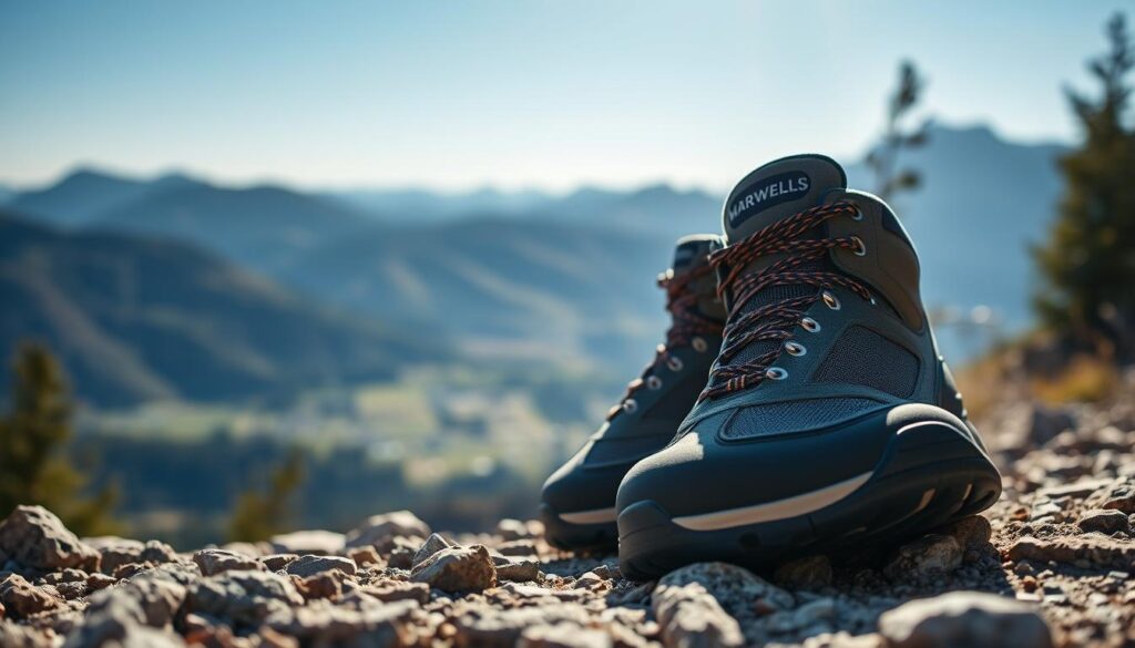 A close-up of a pair of Marwells trekking shoes placed on rocky terrain, showcasing their rugged design and durable features. The shoes are made from a combination of breathable fabric and reinforced rubber soles, with intricate detailing visible in the laces and stitching. In the background, a panoramic view of a scenic mountain landscape under a clear blue sky, highlighting the adventurous spirit of trekking. Soft sunlight filters through the trees, casting gentle shadows and creating a warm, inviting atmosphere. The focus is sharp on the shoes, while the background is slightly blurred to draw attention to their exceptional quality. The overall mood is inspiring and adventurous, ideal for outdoor enthusiasts.