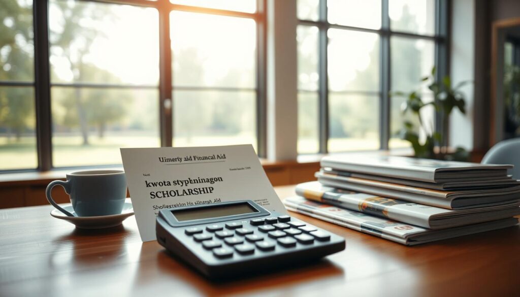 A close-up scene depicting a university financial aid office, with a neatly arranged desk displaying a scholarship award letter and a calculator, symbolizing "kwota stypendium uczelnianego". In the background, capture a warm, inviting atmosphere with soft lighting filtering through large windows, showcasing a view of campus greenery. On the desk, include a cup of coffee and a stack of educational brochures, emphasizing the academic environment. The angle should be a slight overhead perspective, adding depth to the scene. Convey a mood of hope and ambition, representing students' aspirations for funding their education. Ensure the image is free of text, signatures, or any distractions.