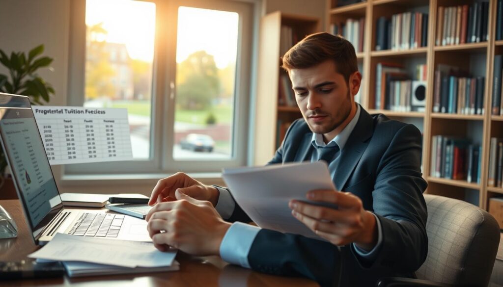 A close-up scene illustrating university tuition fees. In the foreground, a professional-looking person in smart casual attire sits at a desk, reviewing financial documents and a calculator, with visible expressions of concentration and concern. In the middle ground, a laptop is open, displaying a spreadsheet of costs with various school-related icons like a graduation cap and books. In the background, the cozy ambiance of a study space with bookshelves filled with educational materials and a window revealing a scenic campus view bathed in warm afternoon light. The overall mood evokes contemplation and realism, reflecting the serious theme of academic expenses. Soft, natural lighting enhances the clarity of the scene, with a slight focus on the documents to add depth.