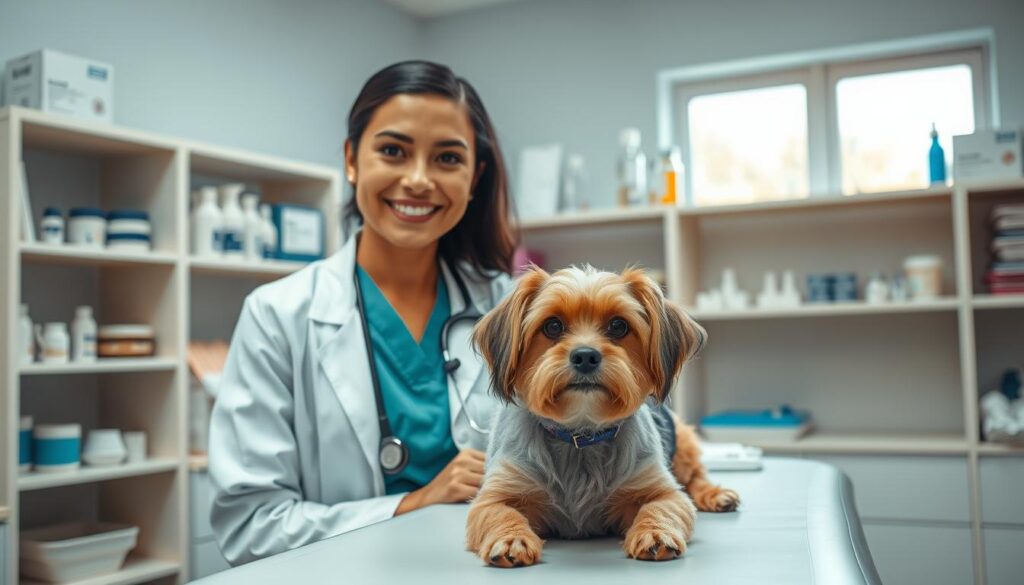 A close-up scene of a veterinarian in a modern clinic, examining a small dog on an examination table. The veterinarian, a young woman in a lab coat and scrubs, displays a gentle smile, conveying compassion and professionalism. In the foreground, the dog looks relaxed and trusting, showcasing a bond between the pet and the vet. In the middle ground, shelves filled with medical supplies and pet care items create an organized, clinical atmosphere. The background features a window with soft, natural light filtering in, illuminating the scene with a warm glow. The overall mood is calm and reassuring, emphasizing the veterinary profession's importance in animal care. A close-up scene of a veterinarian in a modern clinic, examining a small dog on an examination table. The veterinarian, a young woman in a lab coat and scrubs, displays a gentle smile, conveying compassion and professionalism. In the foreground, the dog looks relaxed and trusting, showcasing a bond between the pet and the vet. In the middle ground, shelves filled with medical supplies and pet care items create an organized, clinical atmosphere. The background features a window with soft, natural light filtering in, illuminating the scene with a warm glow. The overall mood is calm and reassuring, emphasizing the veterinary profession's importance in animal care.
