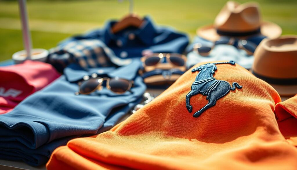 A close-up view of a high-quality US Polo Assn. garment, prominently featuring the iconic logo of a polo player in action. The fabric of the clothing is soft and vibrant, highlighting the elegance and sporty nature of the brand. In the foreground, display a neatly arranged collection of polo shirts and accessories, showcasing a variety of colors and styles that reflect the brand's identity. The middle ground should include a tasteful arrangement of lifestyle items like sunglasses and hats, suggesting a casual, yet stylish atmosphere. In the background, a blurred outdoor setting, like a sunny polo field, adds depth and context. Utilize soft, natural lighting to evoke a fresh and inviting mood, captured with a slightly elevated angle. The overall feel should communicate sophistication and brand authenticity, perfect for illustrating a knowledgeable exploration of the company.