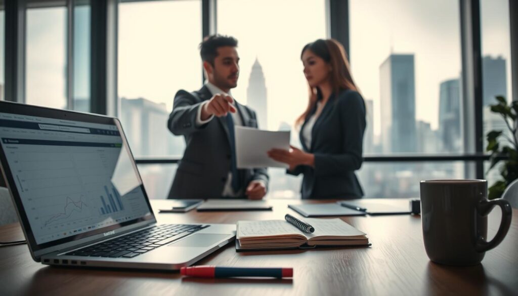 A close-up view of a professional workspace showcasing various types of internships. In the foreground, a neatly organized desk features a laptop with charts visible on the screen, a notepad with handwritten notes, and a coffee mug. In the middle ground, two individuals in professional business attire are engaged in a discussion, one pointing at a document and the other actively taking notes. The background includes a large window revealing a city skyline, bathed in soft, natural light, creating an inspiring and productive atmosphere. The mood is focused and collaborative, emphasizing the essence of different internship types, from corporate to creative environments, all while ensuring a sense of professionalism and ambition. A close-up view of a professional workspace showcasing various types of internships. In the foreground, a neatly organized desk features a laptop with charts visible on the screen, a notepad with handwritten notes, and a coffee mug. In the middle ground, two individuals in professional business attire are engaged in a discussion, one pointing at a document and the other actively taking notes. The background includes a large window revealing a city skyline, bathed in soft, natural light, creating an inspiring and productive atmosphere. The mood is focused and collaborative, emphasizing the essence of different internship types, from corporate to creative environments, all while ensuring a sense of professionalism and ambition.