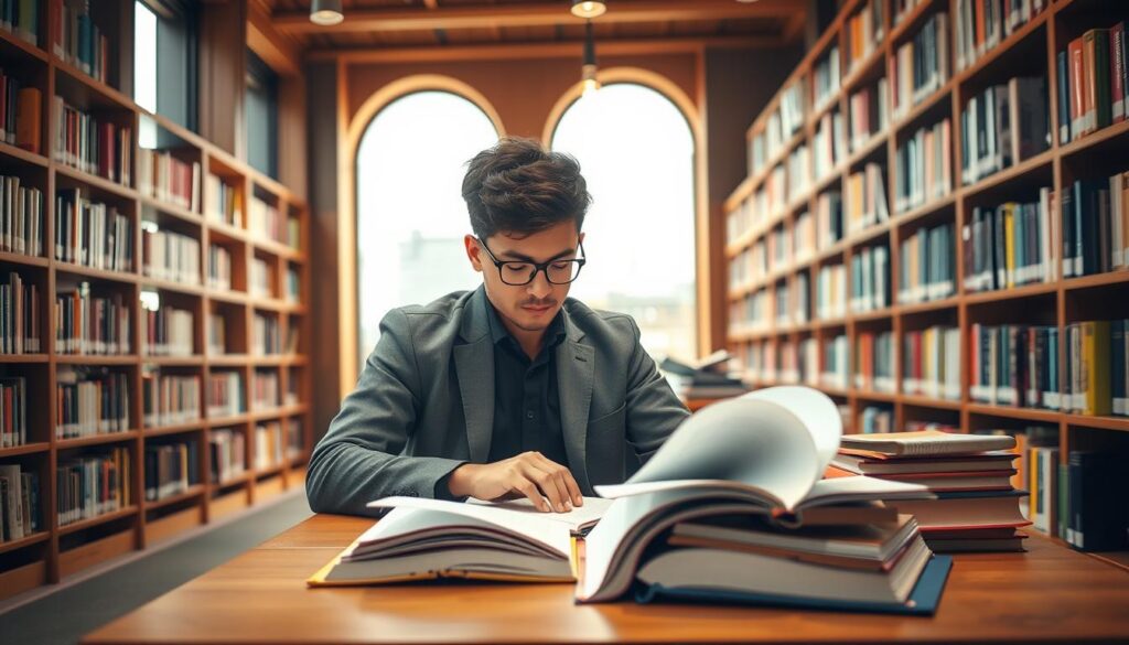 A close-up view of a university student studying in a bright, cozy library. The student, wearing smart casual attire, is sitting at a wooden desk filled with open books and notes, focused on calculating grades. The background features tall shelves filled with colorful textbooks and a soft, warm light filtering through large windows, creating an inviting atmosphere. A cityscape is faintly visible outside, hinting at a bustling college environment. The composition emphasizes determination and ambition, with a subtle depth of field focusing on the student while the background remains slightly blurred. The overall mood is inspiring and optimistic, reflecting the pursuit of academic excellence for scholarships.