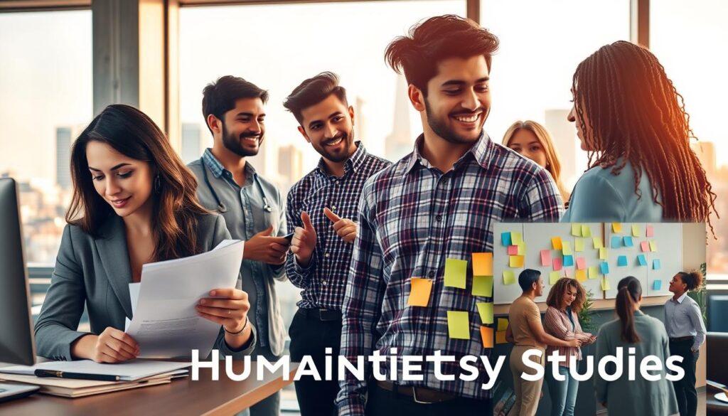 A collage of diverse young professionals in an office setting, each engaged in different activities that symbolize career paths after humanities studies. In the foreground, a woman in business attire is analyzing reports at a desk, while a man nearby discusses ideas with teammates in a collaborative space. In the middle ground, a group engages in a brainstorming session with colorful post-it notes on a wall. The background features a large window showcasing a city skyline, bathed in warm, natural light. The atmosphere is vibrant and encouraging, reflecting optimism about future career prospects after humanities education. The scene is captured from a slightly elevated angle, with a focus on teamwork and creativity, emphasizing the potential opportunities available. A collage of diverse young professionals in an office setting, each engaged in different activities that symbolize career paths after humanities studies. In the foreground, a woman in business attire is analyzing reports at a desk, while a man nearby discusses ideas with teammates in a collaborative space. In the middle ground, a group engages in a brainstorming session with colorful post-it notes on a wall. The background features a large window showcasing a city skyline, bathed in warm, natural light. The atmosphere is vibrant and encouraging, reflecting optimism about future career prospects after humanities education. The scene is captured from a slightly elevated angle, with a focus on teamwork and creativity, emphasizing the potential opportunities available.