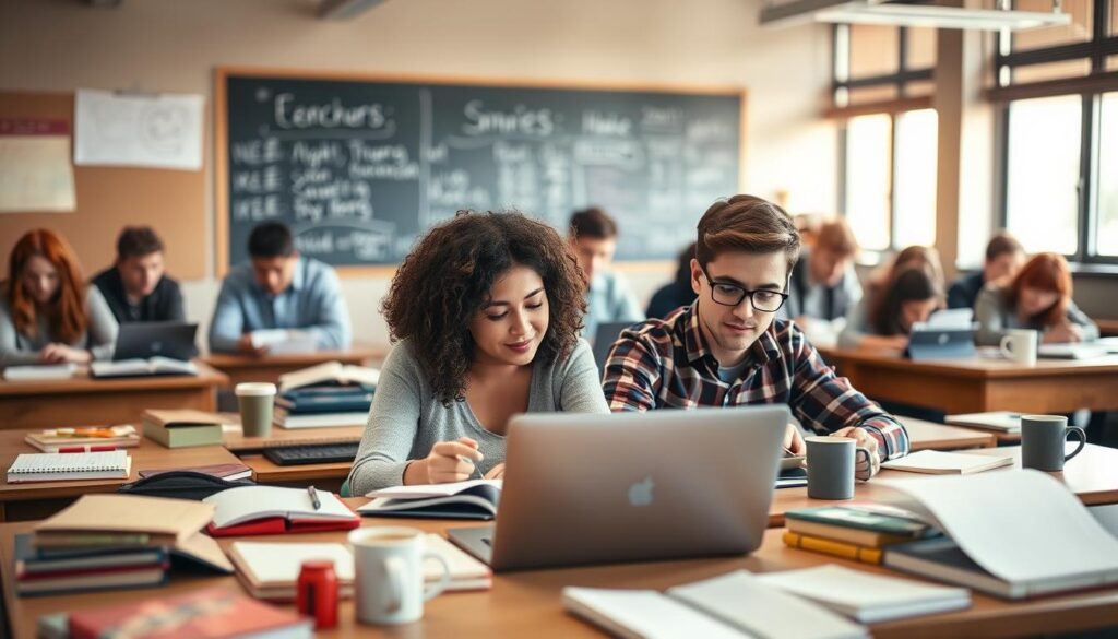 A college classroom scene capturing the essence of undergraduate student life. In the foreground, a diverse group of students, including a young woman with curly hair wearing business casual attire, and a young man with glasses, both focused on a laptop, engaged in collaborative study. In the middle ground, desks are cluttered with textbooks, notebooks, and coffee cups, symbolizing the intense study environment. The background features a chalkboard filled with handwritten notes and a large window allowing warm, natural light to flood the room, enhancing the atmosphere of learning. The overall mood is one of concentration and determination, reflecting the dedication required during the duration of a bachelor's degree, with a slightly blurred depth of field to emphasize the students. A college classroom scene capturing the essence of undergraduate student life. In the foreground, a diverse group of students, including a young woman with curly hair wearing business casual attire, and a young man with glasses, both focused on a laptop, engaged in collaborative study. In the middle ground, desks are cluttered with textbooks, notebooks, and coffee cups, symbolizing the intense study environment. The background features a chalkboard filled with handwritten notes and a large window allowing warm, natural light to flood the room, enhancing the atmosphere of learning. The overall mood is one of concentration and determination, reflecting the dedication required during the duration of a bachelor's degree, with a slightly blurred depth of field to emphasize the students.