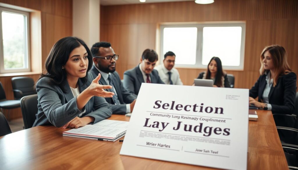 A community council meeting in a brightly lit municipal building, showcasing a group of diverse individuals in professional business attire seated around a conference table. In the foreground, a focused female council member gestures toward a large document titled "Selection of Lay Judges." In the middle, two male councilors engage in discussion, while a female member takes notes on a tablet. The background features a large window with natural light pouring in, accentuating the serious yet collaborative atmosphere of local governance. The overall mood conveys professionalism, purpose, and community spirit, emphasizing the importance of democratic processes in choosing lay judges. Use a warm color palette and a slightly elevated angle to capture the dynamic interactions among council members. A community council meeting in a brightly lit municipal building, showcasing a group of diverse individuals in professional business attire seated around a conference table. In the foreground, a focused female council member gestures toward a large document titled "Selection of Lay Judges." In the middle, two male councilors engage in discussion, while a female member takes notes on a tablet. The background features a large window with natural light pouring in, accentuating the serious yet collaborative atmosphere of local governance. The overall mood conveys professionalism, purpose, and community spirit, emphasizing the importance of democratic processes in choosing lay judges. Use a warm color palette and a slightly elevated angle to capture the dynamic interactions among council members.