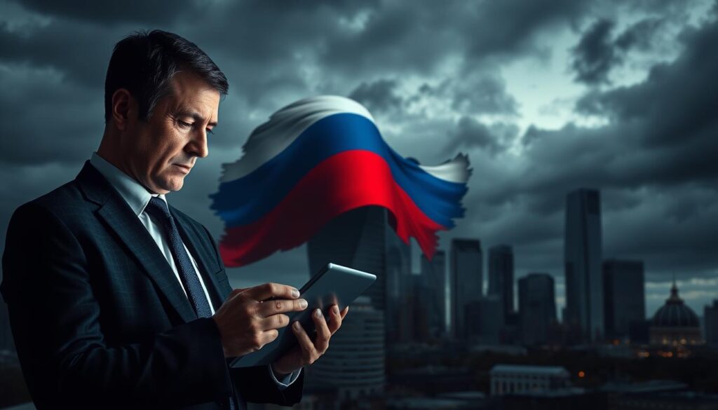 A conceptual image depicting investment risks in the Russian market. In the foreground, a business professional in formal attire is analyzing financial charts and data on a tablet, looking pensive and concerned. The middle ground features a large, looming Russian flag subtly integrated into a backdrop of a modern city skyline, symbolizing the complex and risky environment of Russian investments. The background includes dark clouds gathering above the skyline, representing uncertainty and instability in the market. The lighting is dim and moody, casting shadows that enhance the somber atmosphere. A shallow depth of field focuses on the professional, creating a sense of urgency while the business environment remains slightly blurred for context.