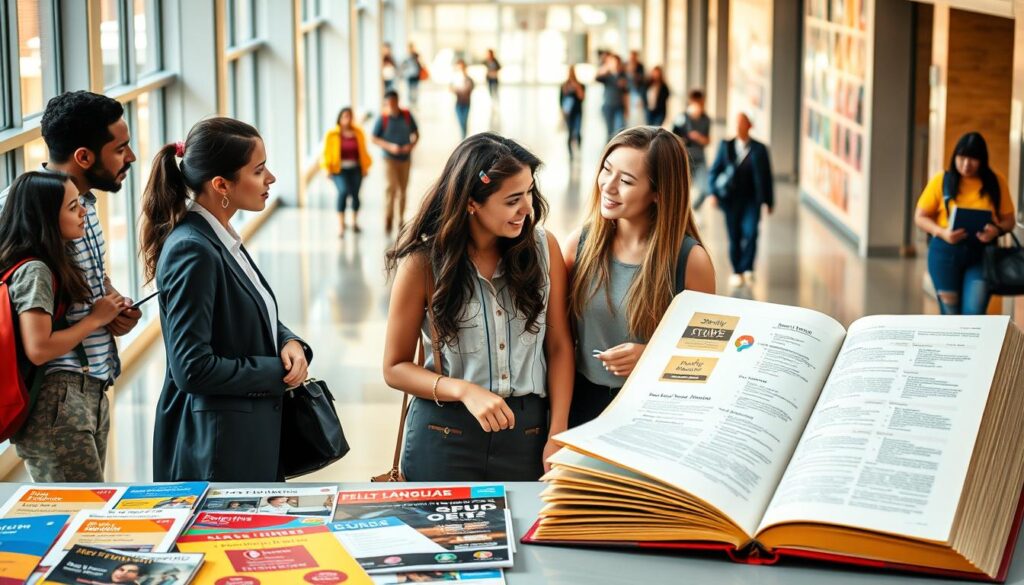 A conceptual image illustrating the theme of "how many study programs one can apply to" in an academic setting. In the foreground, a diverse group of young adults in professional and semi-formal attire, deeply engaged in discussion, surrounded by a large, open book symbolizing academic knowledge. The middle ground features a colorful array of study program posters and brochures displayed on a table, showcasing various fields of study. In the background, a well-lit university hallway with students walking in a vibrant, bustling atmosphere. The scene is bathed in warm, natural light filtering through large windows, creating an inviting and motivational mood, emphasizing ambition and academic exploration. Capture a dynamic and hopeful energy as the students contemplate their future educational paths. A conceptual image illustrating the theme of "how many study programs one can apply to" in an academic setting. In the foreground, a diverse group of young adults in professional and semi-formal attire, deeply engaged in discussion, surrounded by a large, open book symbolizing academic knowledge. The middle ground features a colorful array of study program posters and brochures displayed on a table, showcasing various fields of study. In the background, a well-lit university hallway with students walking in a vibrant, bustling atmosphere. The scene is bathed in warm, natural light filtering through large windows, creating an inviting and motivational mood, emphasizing ambition and academic exploration. Capture a dynamic and hopeful energy as the students contemplate their future educational paths.