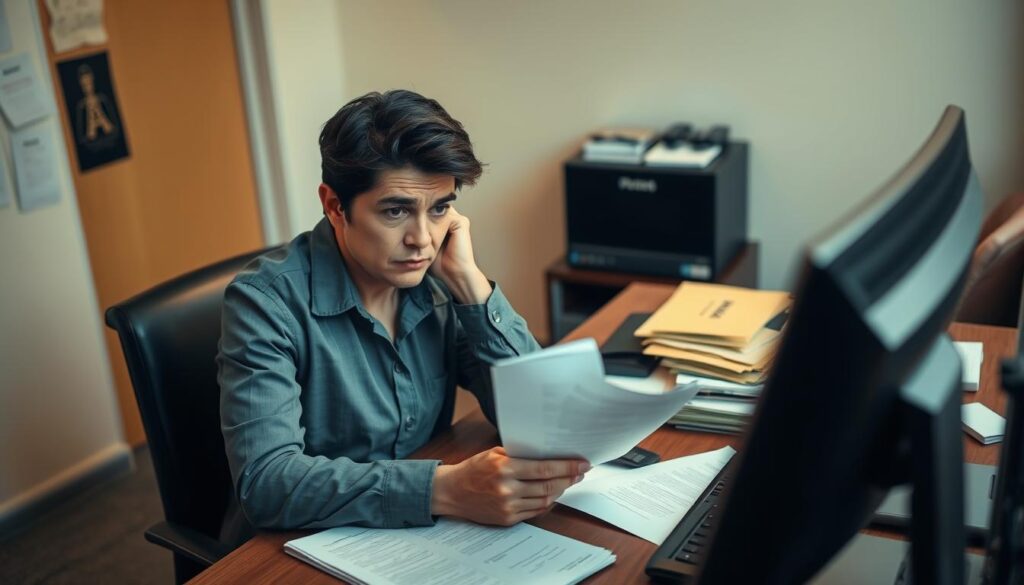 A concerned individual sitting at a desk, looking at documents and a computer screen, reflecting anxiety and determination. The foreground shows the person in a modest professional outfit, emphasizing their seriousness about the issue. In the middle, a cluttered desk fills with paper files and a phone, symbolizing the complexity of dealing with harassment from a debt collection agency. The background features a soft-focus office environment with warm lighting, creating a serious yet hopeful atmosphere. The image captures the moment of seeking help, conveying the emotions of frustration and resilience. The angle is slightly above eye level, focusing on the person's expression of resolve as they navigate the process of reporting harassment. A concerned individual sitting at a desk, looking at documents and a computer screen, reflecting anxiety and determination. The foreground shows the person in a modest professional outfit, emphasizing their seriousness about the issue. In the middle, a cluttered desk fills with paper files and a phone, symbolizing the complexity of dealing with harassment from a debt collection agency. The background features a soft-focus office environment with warm lighting, creating a serious yet hopeful atmosphere. The image captures the moment of seeking help, conveying the emotions of frustration and resilience. The angle is slightly above eye level, focusing on the person's expression of resolve as they navigate the process of reporting harassment.
