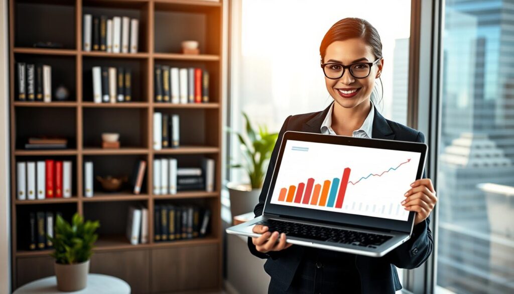 A confident businesswoman in a modern office setting, dressed in professional attire, standing next to a large window with a city skyline view. In the foreground, she holds a laptop with graphs and data on its screen, symbolizing success and growth from an MBA investment. In the background, a bookshelf filled with business books and a potted plant to add a touch of warmth. The lighting is bright, with natural light streaming through the window, creating an inviting atmosphere. The image captures the determination and aspirations of MBA graduates, conveying the value of the educational journey. The camera angle is slightly low, adding a sense of empowerment to the subject.