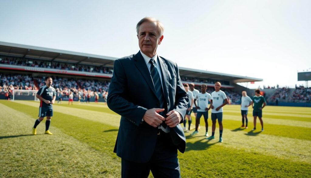 A confident soccer coach stands on a lush green field, engaged in a dynamic training session with young athletes. In the foreground, the coach, a middle-aged individual in smart professional attire, exudes authority and approachability as they demonstrate a drill. The middle ground features attentive players, focusing on the coach's instructions, showcasing diverse backgrounds and genders. The background reveals a stadium filled with spectators, under a clear blue sky, adding vibrancy to the scene. Soft, natural lighting enhances the energetic atmosphere, emphasizing teamwork and dedication. The angle is slightly elevated, capturing the coach's leadership and the players' enthusiasm, conveying a sense of inspiration and passion for soccer.
