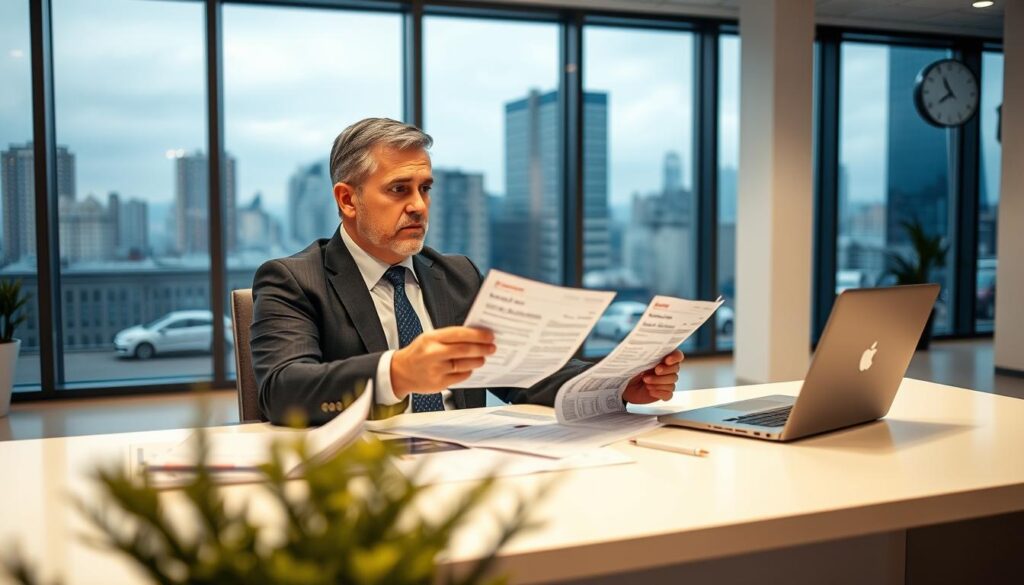 A contemporary office setting with a single entrepreneur, a middle-aged man in a professional suit, seated at a modern desk filled with financial documents and a laptop. He appears deep in thought, analyzing a balance sheet or loan options, illustrating the choice between leasing and credit for his sole proprietorship. The background features large windows showing a cityscape, symbolizing opportunity. Soft, warm lighting creates an inviting atmosphere while a clock on the wall indicates the passage of time, emphasizing decision-making urgency. The foreground includes a small potted plant for a touch of life, maintaining a clean and organized appearance. The overall mood is focused and professional, reflecting a pivotal moment in business strategy.