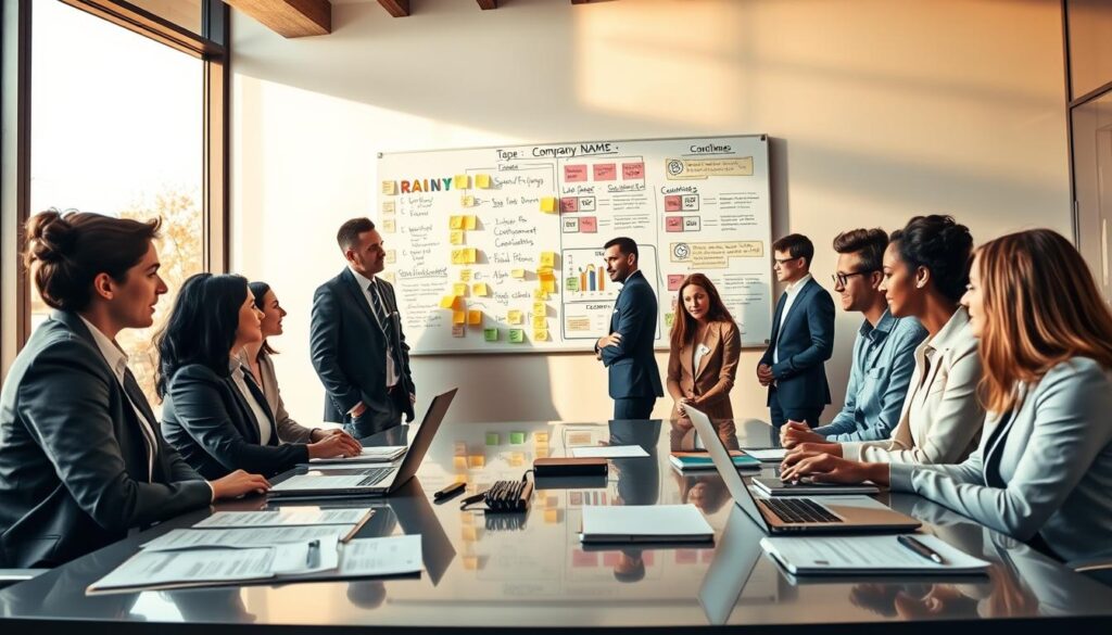 A corporate office setting illustrating the process of changing a company name. In the foreground, a diverse group of professionals in business attire discuss around a sleek conference table, with documents and a laptop open, showcasing company name choices. In the middle, a large whiteboard is filled with colorful sticky notes and diagrams outlining steps and guidelines for renaming a business. The background features large windows that let in warm, natural light, casting soft shadows across the room. The atmosphere is collaborative and focused, evoking a sense of innovation and strategic planning. The angle is slightly elevated, capturing the energy of the room while maintaining clarity on the visual elements relevant to company name changes.