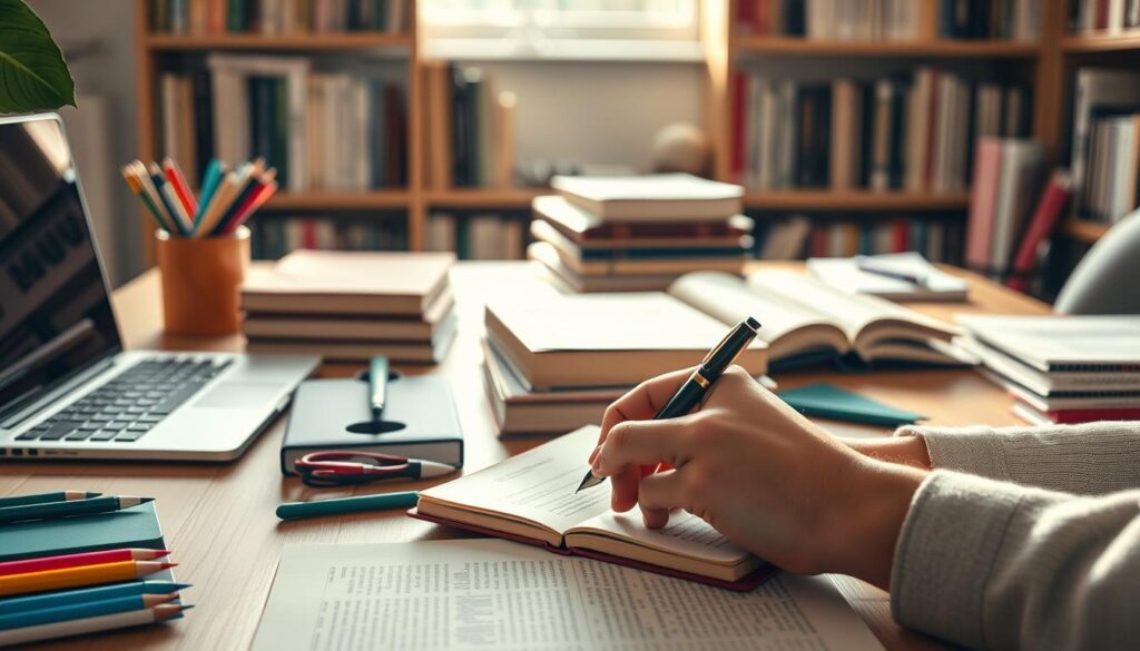 A cozy study environment featuring a well-organized desk with neatly arranged notebooks, colorful stationery, and a laptop. In the foreground, a pair of hands takes notes using a fountain pen on a leather-bound notebook, highlighting effective note-taking techniques. The middle ground showcases a stack of textbooks, with highlighted sections visible. In the background, a soft-lit bookshelf filled with books creates a warm, inviting atmosphere. The lighting is soft and natural, suggesting afternoon sunlight streaming through a window. The overall mood is productive and inspiring, emphasizing focus and organization in a stylish, modern study space.