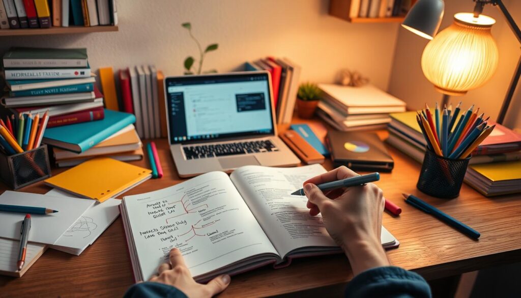 A cozy study environment featuring an organized desk filled with colorful notebooks and stationery. In the foreground, a pair of hands is seen jotting down notes in a well-structured notebook, showcasing different notetaking techniques like mind maps and bullet points. The middle ground has an open laptop displaying a digital note-taking application, surrounded by academic books and a plant for a touch of nature. In the background, a warm lamp softly illuminates the space, creating a focused yet inviting atmosphere. The scene is captured from a slightly elevated angle to provide depth, and the lighting casts gentle shadows, emphasizing the meticulous arrangement and encouraging a sense of productivity and effective learning.
