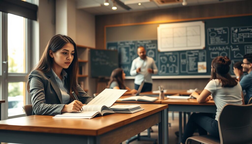 A cozy university classroom setting, featuring a diverse group of students engaged in pedagogical studies. In the foreground, a focused young woman in professional attire takes notes at a wooden desk, surrounded by textbooks and a laptop. The middle ground shows a male professor discussing a course syllabus with animated gestures, highlighting key points. In the background, large windows let in warm, natural light, illuminating a chalkboard filled with diagrams on educational theories. A serene atmosphere of collaboration and learning is emphasized, with soft shadows and a slightly blurred depth of field, creating an inviting and motivating environment for education. A cozy university classroom setting, featuring a diverse group of students engaged in pedagogical studies. In the foreground, a focused young woman in professional attire takes notes at a wooden desk, surrounded by textbooks and a laptop. The middle ground shows a male professor discussing a course syllabus with animated gestures, highlighting key points. In the background, large windows let in warm, natural light, illuminating a chalkboard filled with diagrams on educational theories. A serene atmosphere of collaboration and learning is emphasized, with soft shadows and a slightly blurred depth of field, creating an inviting and motivating environment for education.