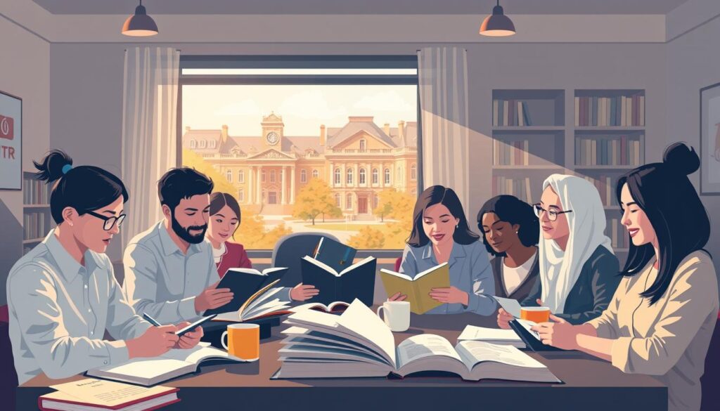 A creative and illustrative representation of the concept of part-time studies in a higher education setting. In the foreground, a diverse group of students of varying ages is engaged in a collaborative study session, surrounded by open textbooks, notes, and coffee cups. In the middle, a cozy study room filled with bookshelves and a large window allowing warm, natural light to stream in, creating a welcoming atmosphere. The background features a campus view with classic academic buildings, symbolizing the educational environment. The lighting is soft and inviting, giving a sense of focus and determination. The scene conveys a balance of professionalism and education, reflecting the time commitment of part-time studies.