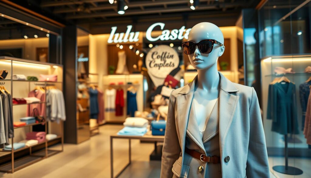 A creative and vibrant representation of the Lulu Castagnette brand identity, featuring a stylish boutique setting with elegant clothing displays. In the foreground, showcase a sophisticated mannequin dressed in a signature Lulu Castagnette outfit, exuding a chic and playful vibe. The middle ground includes neatly arranged accessories and handbags that reflect the brand's unique style. The background should depict a warm and inviting boutique interior with soft lighting that highlights the merchandise, creating a cozy shopping atmosphere. The scene conveys a sense of fashion-forward elegance, with a focus on the essence of Lulu Castagnette as a beloved fashion label. Use a wide-angle lens to capture the entire scene, ensuring a clear and dynamic perspective. A creative and vibrant representation of the Lulu Castagnette brand identity, featuring a stylish boutique setting with elegant clothing displays. In the foreground, showcase a sophisticated mannequin dressed in a signature Lulu Castagnette outfit, exuding a chic and playful vibe. The middle ground includes neatly arranged accessories and handbags that reflect the brand's unique style. The background should depict a warm and inviting boutique interior with soft lighting that highlights the merchandise, creating a cozy shopping atmosphere. The scene conveys a sense of fashion-forward elegance, with a focus on the essence of Lulu Castagnette as a beloved fashion label. Use a wide-angle lens to capture the entire scene, ensuring a clear and dynamic perspective.