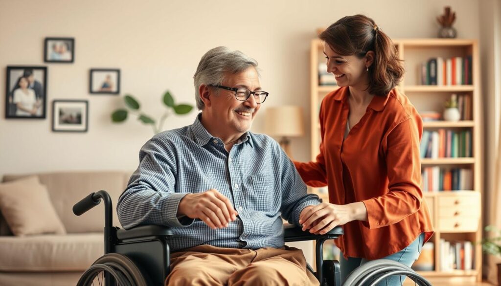 A dedicated caregiver assisting an adult with disabilities, showcasing a warm and supportive interaction. In the foreground, depict a middle-aged woman in professional casual attire, gently helping a smiling adult man in a wheelchair, dressed in comfortable clothing, highlighting their connection. The middle ground should include a cozy living room with soft, inviting lighting that emphasizes a sense of care and safety. In the background, provide elements like family photos on the wall and a bookshelf filled with resources on adult care and disability support. The scene should evoke a feeling of compassion and professionalism, with a bright and uplifting atmosphere, captured in soft focus to enhance the emotional connection between the characters.