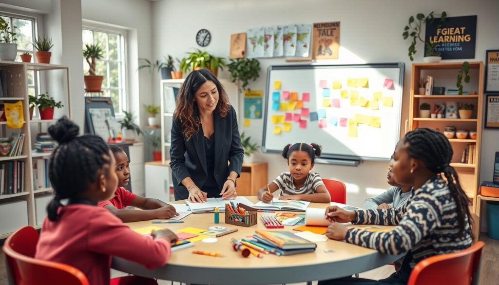 A dedicated educational support teacher engaging in a vibrant classroom scene. In the foreground, the teacher, a woman in professional attire, is interacting with a group of attentive students of diverse backgrounds, seated at a colorful round table covered with books, art supplies, and learning materials. The middle ground features a whiteboard filled with educational diagrams and colorful post-it notes, conveying a sense of collaboration and creativity. The background showcases shelves lined with educational resources, plants, and posters that promote inclusivity and learning. Soft natural light filters in through large windows, creating a warm and welcoming atmosphere that emphasizes the supportive environment of learning. The overall mood is positive, inspiring, and collaborative, highlighting the essential role of the teacher in fostering student growth.
