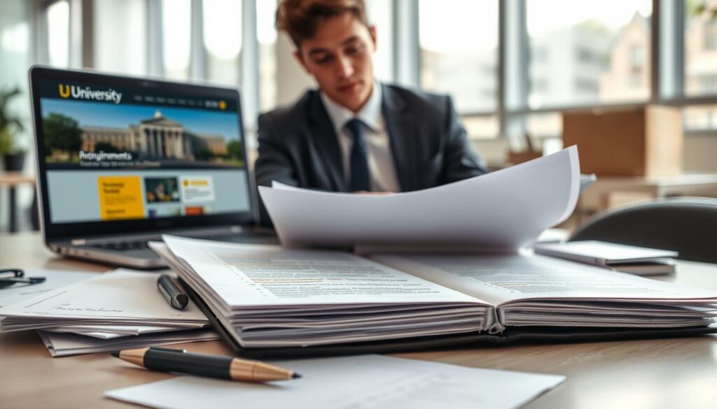 A desk cluttered with essential documents for university applications, including a neatly organized stack of papers, a pen, and a laptop displaying an official university website. The foreground features a focused young adult in professional business attire, thoughtfully reviewing documents. In the middle ground, an open folder can be seen with highlighted sections indicating important requirements. The background is softly blurred, showcasing a modern and bright office environment with large windows that let in natural light, giving the scene a calm and focused atmosphere. The angle is from a slight overhead perspective to emphasize the organized mess on the desk, conveying a sense of preparation and responsibility.