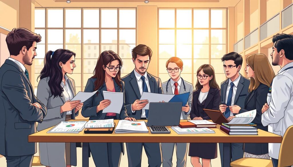 A detailed and informative illustration focusing on the cost of medical studies in Poland. In the foreground, a diverse group of young adults dressed in professional business attire, engaged in a discussion while examining financial documents and charts about tuition fees and living expenses. In the middle, tables filled with books, laptops, and calculators, representing the academic environment. The background features an academic building, symbolizing a medical university, with large windows allowing natural light to flood in. The atmosphere is serious yet hopeful, illuminated by warm light that conveys ambition and determination. The angle is slightly tilted to evoke a sense of dynamic conversation and collaboration among the students.