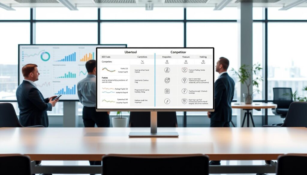 A detailed and informative image illustrating a comparison of SEO tools, focusing on Ubertool versus its competitors. In the foreground, a sleek, modern workspace with professional individuals in business attire discussing data displayed on a large digital screen showcasing various SEO metrics and graphs. In the middle ground, a side-by-side comparative chart visually depicting feature highlights of Ubertool and its main competitors, featuring icons and data visualizations. The background should show a contemporary office environment with large windows allowing natural light to enter, creating a bright and energetic atmosphere. The overall mood is collaborative and analytical, with a clean, polished aesthetic emphasizing technology and innovation. A detailed and informative image illustrating a comparison of SEO tools, focusing on Ubertool versus its competitors. In the foreground, a sleek, modern workspace with professional individuals in business attire discussing data displayed on a large digital screen showcasing various SEO metrics and graphs. In the middle ground, a side-by-side comparative chart visually depicting feature highlights of Ubertool and its main competitors, featuring icons and data visualizations. The background should show a contemporary office environment with large windows allowing natural light to enter, creating a bright and energetic atmosphere. The overall mood is collaborative and analytical, with a clean, polished aesthetic emphasizing technology and innovation.