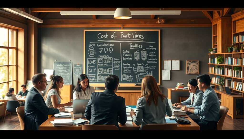 A detailed and inviting scene depicting the concept of "cost of part-time studies." In the foreground, a diverse group of students, dressed in business casual attire, are engaged in a discussion around a table strewn with study materials and laptops, highlighting their financial considerations. In the middle ground, a large chalkboard displays diagrams and notes about study expenses, creating an educational atmosphere. In the background, a cozy university setting features warm, natural lighting filtering through large windows, showcasing bookshelves and study spaces filled with other students. The mood is focused yet optimistic, emphasizing the pursuit of knowledge and the investment in education. Use a slightly elevated angle to capture the entire scene clearly, inviting viewers into the discussion. A detailed and inviting scene depicting the concept of "cost of part-time studies." In the foreground, a diverse group of students, dressed in business casual attire, are engaged in a discussion around a table strewn with study materials and laptops, highlighting their financial considerations. In the middle ground, a large chalkboard displays diagrams and notes about study expenses, creating an educational atmosphere. In the background, a cozy university setting features warm, natural lighting filtering through large windows, showcasing bookshelves and study spaces filled with other students. The mood is focused yet optimistic, emphasizing the pursuit of knowledge and the investment in education. Use a slightly elevated angle to capture the entire scene clearly, inviting viewers into the discussion.