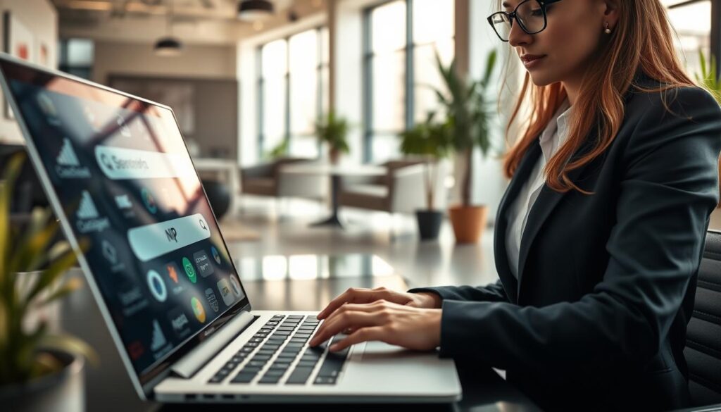 A detailed close-up scene depicting a professional business environment illustrating the process of searching for a company by its NIP number. In the foreground, a confident businesswoman in smart attire types on a laptop, displaying a search engine interface with visible NIP input. The middle ground features a blurred screen showing corporate logos and related information, creating a sense of focus on the search process. In the background, a modern office with sleek furniture, bright natural lighting coming through large windows, and plants for a fresh atmosphere. The composition should evoke a feeling of professionalism and determination, capturing the essence of business research and inquiry.