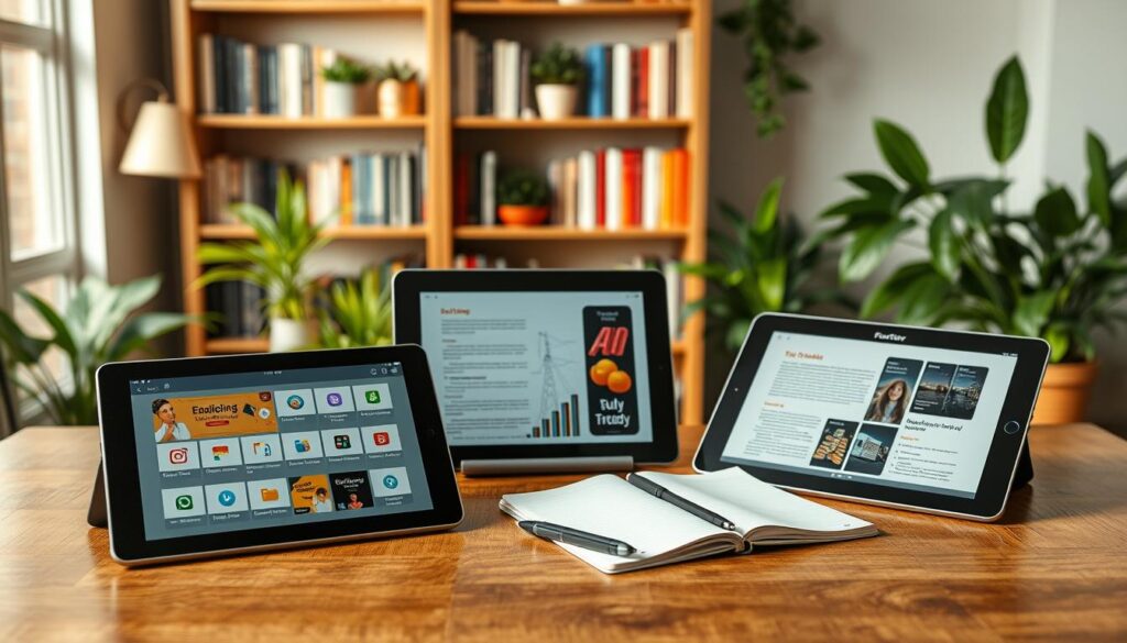A detailed comparison of study tablets laid out on a wooden table. In the foreground, showcase three different tablets with their screens displaying educational apps and study materials. Each tablet labeled with icons representing features like battery life, screen size, and performance specifications. In the middle ground, include a sleek notebook and pens to represent traditional studying methods. The background features a cozy study environment with a softly lit bookshelf filled with books and plants, creating an inviting atmosphere. Use natural lighting to highlight the tablets and create a warm, focused mood, with a slightly blurred effect on the background for depth. The perspective should be from a slightly elevated angle, giving a comprehensive view of the entire setup. A detailed comparison of study tablets laid out on a wooden table. In the foreground, showcase three different tablets with their screens displaying educational apps and study materials. Each tablet labeled with icons representing features like battery life, screen size, and performance specifications. In the middle ground, include a sleek notebook and pens to represent traditional studying methods. The background features a cozy study environment with a softly lit bookshelf filled with books and plants, creating an inviting atmosphere. Use natural lighting to highlight the tablets and create a warm, focused mood, with a slightly blurred effect on the background for depth. The perspective should be from a slightly elevated angle, giving a comprehensive view of the entire setup.
