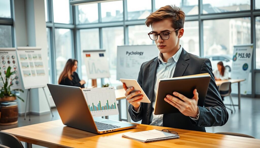 A detailed depiction of the cost of psychology studies in Poland. In the foreground, a young adult student in professional attire, holding a stack of textbooks and a calculator, looking thoughtfully at a laptop displaying a financial spreadsheet. In the middle, a modern university classroom setting, with educational posters on psychology, a whiteboard with study plans, and associates discussing costs over coffee. In the background, large windows allowing soft, natural light to illuminate the room, creating a hopeful and reflective atmosphere. The composition should convey a sense of determination and inquiry, highlighting the financial aspect of pursuing a psychology degree. Capture the scene with a warm color palette, focusing on clarity and warmth, evoking an educational and inspiring mood.