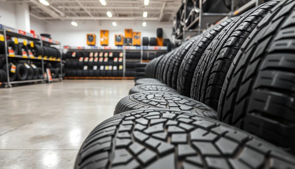 A detailed display of Goodride tires arranged artistically on a clean, well-lit display stand in an automotive showroom. In the foreground, focus on a few intricately designed Goodride tires, showcasing their tread patterns and unique branding. The middle ground features a polished concrete floor reflecting the bright overhead lights, with additional tires stacked neatly beside each other. In the background, shelves stocked with various other types of tires can be seen, enhancing the context of tire offerings. The lighting is bright and professional, creating a clean and inviting atmosphere. The angle is slightly elevated, providing a comprehensive view of the tires and their details, emphasizing the quality and innovation of Goodride products. The overall mood is sleek, modern, and focused on automotive excellence.