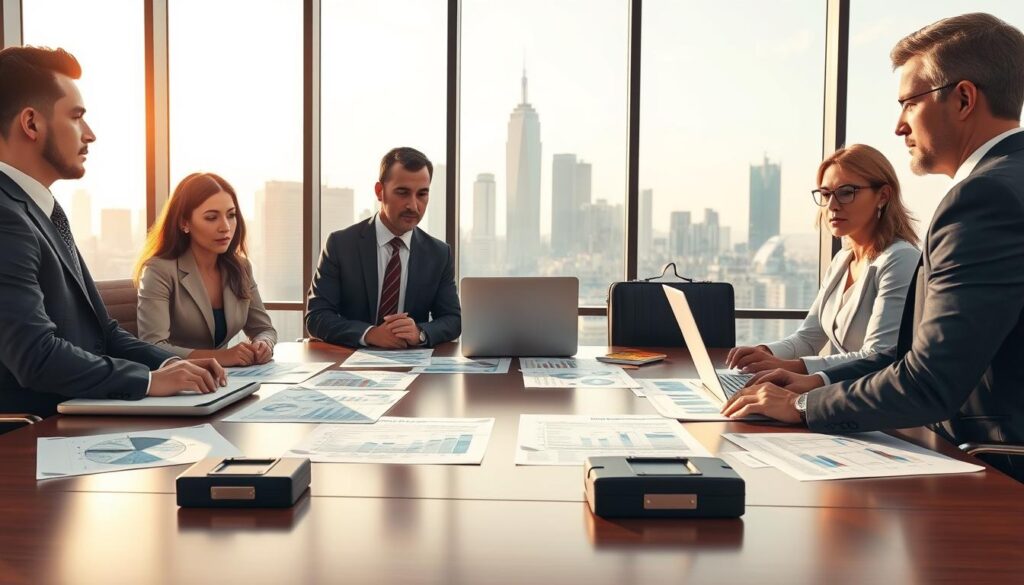 A detailed illustration of a business meeting focused on debt expiration in a corporate setting. In the foreground, a diverse group of three professionals, two men and one woman, dressed in formal business attire, are discussing documents and charts related to debt collection timelines. The middle ground features a large conference table with laptops, briefcases, and papers showcasing graphs and legal documents. The background reveals a modern office space with large windows displaying a city skyline under soft afternoon light. The atmosphere is serious yet collaborative, conveying an environment of focused problem-solving and negotiation. Use warm lighting to create a welcoming ambiance, and employ a wide-angle lens to capture the depth of the scene and the interactions among the individuals.