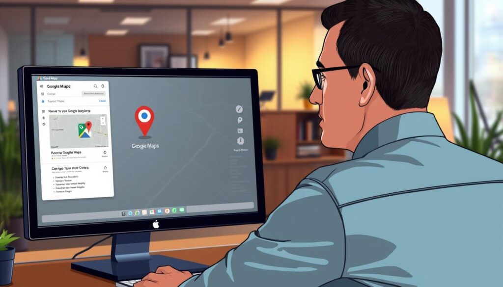 A detailed illustration of the process of removing a business from Google Maps, featuring a computer screen displaying the Google Maps interface prominently in the foreground. The middle ground includes a person in professional attire, focused intently on the screen, with a thoughtful expression, as they navigate the removal steps. The background shows a modern office environment with subtle hints of technology, such as office plants and a soft glow from a desk lamp. The overall lighting is warm and inviting, creating an atmosphere of concentration and professionalism. The image captures the essential elements of the process, emphasizing clarity and focus, while avoiding any text or overlays.