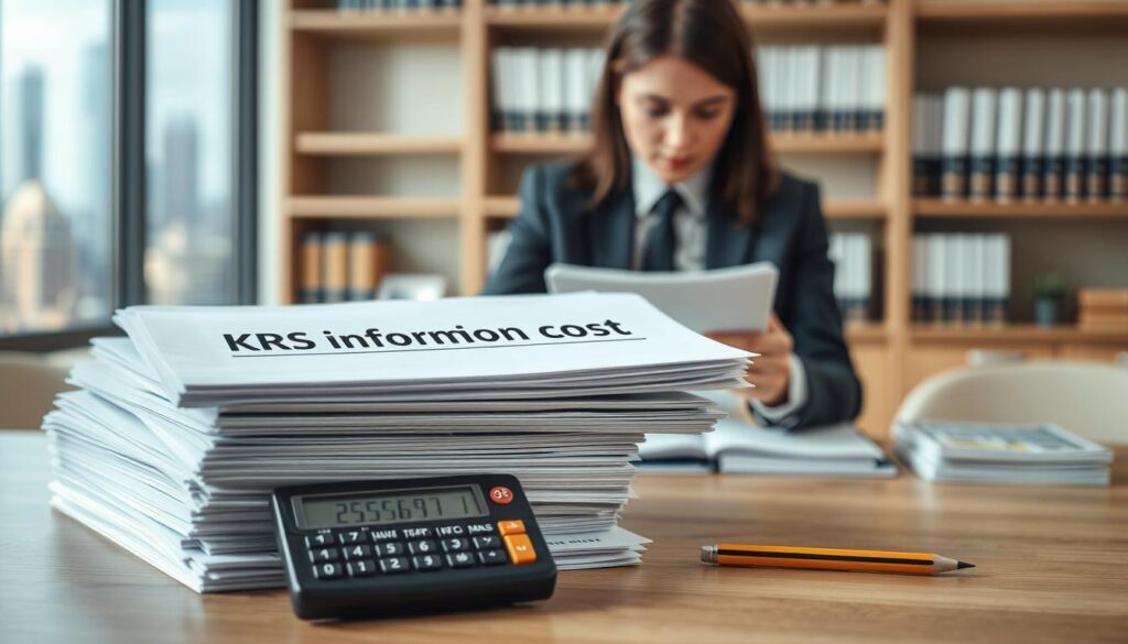 A detailed image illustrating the concept of "KRS information costs." In the foreground, display a stack of official KRS documents with a calculator and a pencil, symbolizing the process of calculating costs. In the middle, incorporate a business professional in formal attire, reviewing the documents with a focused expression, representing the analysis of KRS information costs. The background features a blurred office environment with shelves of legal books and a window showcasing a city skyline, suggesting professionalism and seriousness. Use soft, natural lighting to create a calm and organized atmosphere. Capture the scene from a slightly elevated angle to enhance depth and perspective, emphasizing the importance of clarity in obtaining KRS information. A detailed image illustrating the concept of "KRS information costs." In the foreground, display a stack of official KRS documents with a calculator and a pencil, symbolizing the process of calculating costs. In the middle, incorporate a business professional in formal attire, reviewing the documents with a focused expression, representing the analysis of KRS information costs. The background features a blurred office environment with shelves of legal books and a window showcasing a city skyline, suggesting professionalism and seriousness. Use soft, natural lighting to create a calm and organized atmosphere. Capture the scene from a slightly elevated angle to enhance depth and perspective, emphasizing the importance of clarity in obtaining KRS information.