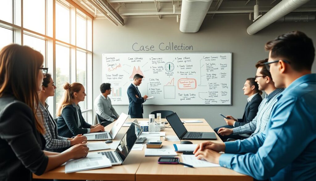 A detailed, professional office setting showcasing various data collection methods used in case studies. In the foreground, a diverse group of individuals in business attire is engaged in discussions, analyzing charts and conducting interviews. The middle ground features a large conference table with laptops, documents, and a whiteboard filled with diagrams and bullet points highlighting different data collection techniques like surveys, interviews, and observations. In the background, large windows allow natural light to flood the room, creating a bright and vibrant atmosphere. The mood is collaborative and focused, emphasizing the importance of thorough data gathering. Use a wide-angle lens to capture the comprehensive scene, with soft lighting to enhance clarity and professionalism. A detailed, professional office setting showcasing various data collection methods used in case studies. In the foreground, a diverse group of individuals in business attire is engaged in discussions, analyzing charts and conducting interviews. The middle ground features a large conference table with laptops, documents, and a whiteboard filled with diagrams and bullet points highlighting different data collection techniques like surveys, interviews, and observations. In the background, large windows allow natural light to flood the room, creating a bright and vibrant atmosphere. The mood is collaborative and focused, emphasizing the importance of thorough data gathering. Use a wide-angle lens to capture the comprehensive scene, with soft lighting to enhance clarity and professionalism.