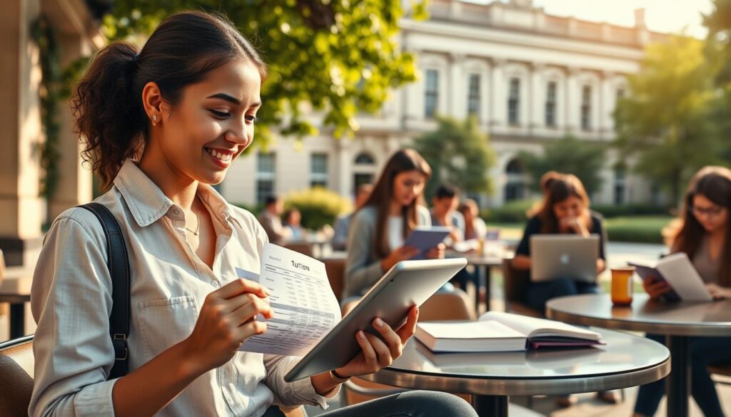 A detailed representation of the costs associated with studying in the USA, featuring a diverse group of students in a university setting. In the foreground, showcase a young woman examining tuition fees on a digital tablet while seated at a campus cafe, dressed in casual yet professional attire. In the middle ground, include other students engaged in study sessions with books and laptops, reflecting a lively, academic atmosphere. In the background, depict a classic university building with lush greenery, emphasizing the educational environment. The scene is bathed in warm, natural sunlight, creating an inviting and optimistic mood. Capture the essence of financial awareness and educational pursuit without any text or overlays. A detailed representation of the costs associated with studying in the USA, featuring a diverse group of students in a university setting. In the foreground, showcase a young woman examining tuition fees on a digital tablet while seated at a campus cafe, dressed in casual yet professional attire. In the middle ground, include other students engaged in study sessions with books and laptops, reflecting a lively, academic atmosphere. In the background, depict a classic university building with lush greenery, emphasizing the educational environment. The scene is bathed in warm, natural sunlight, creating an inviting and optimistic mood. Capture the essence of financial awareness and educational pursuit without any text or overlays.
