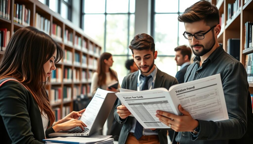 A detailed representation of university tuition fees in Poland, featuring a diverse group of students examining documents and financial statements in a modern, well-lit university library. In the foreground, a young woman in professional attire is calculating costs on a laptop, while a young man in casual business wear looks over a printed tuition fee guide. In the middle ground, bookshelves filled with educational materials and financial aid brochures create an academic atmosphere. The background includes large windows allowing natural light to fill the space, enhancing the mood of focused study and financial planning. The overall ambiance should be serious yet optimistic, reflecting the importance of understanding tuition fees in pursuing higher education.