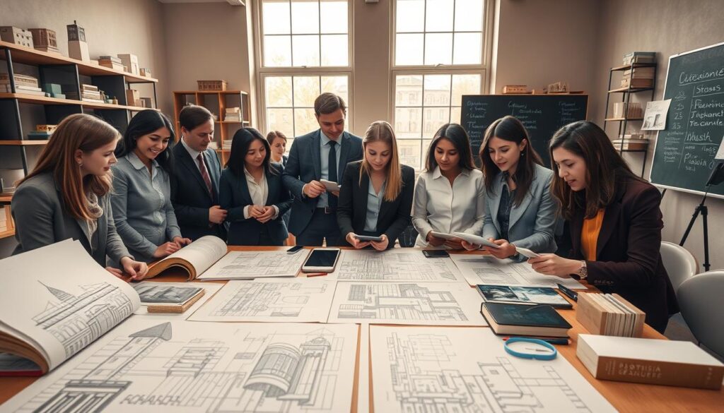 A detailed scene capturing the costs of architectural studies in Poland. In the foreground, a diverse group of students, dressed in professional business attire and casual clothing, is gathered around a table filled with architectural drawings, books, and digital devices, showcasing various architectural projects. In the middle ground, an architectural studio displays sketches of famous Polish buildings, with a large window letting in warm, natural light. The background features a stylish classroom with shelves lined with architectural models and a chalkboard filled with notes about financial aspects of studying architecture. The mood is focused and inspiring, reflecting the seriousness and creativity involved in pursuing an architectural education. The lighting is bright yet soft, emphasizing a productive atmosphere conducive to learning. A detailed scene capturing the costs of architectural studies in Poland. In the foreground, a diverse group of students, dressed in professional business attire and casual clothing, is gathered around a table filled with architectural drawings, books, and digital devices, showcasing various architectural projects. In the middle ground, an architectural studio displays sketches of famous Polish buildings, with a large window letting in warm, natural light. The background features a stylish classroom with shelves lined with architectural models and a chalkboard filled with notes about financial aspects of studying architecture. The mood is focused and inspiring, reflecting the seriousness and creativity involved in pursuing an architectural education. The lighting is bright yet soft, emphasizing a productive atmosphere conducive to learning.