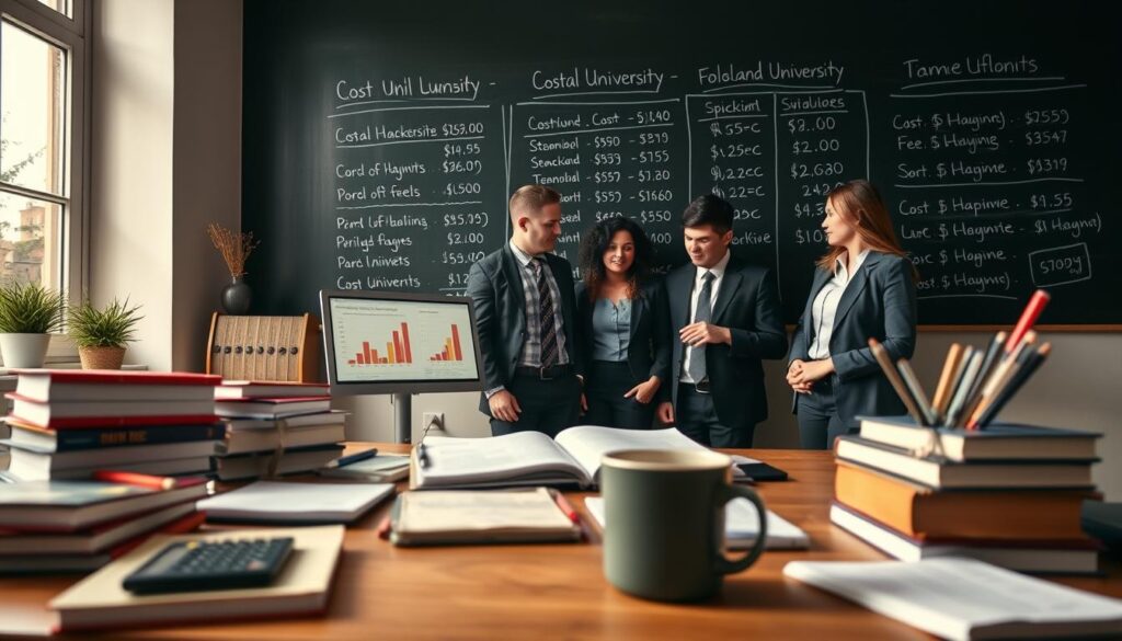 A detailed scene illustrating the costs of private studies in Poland. In the foreground, an inviting study desk cluttered with textbooks, a calculator, and a coffee mug, symbolizing a student's life. The middle ground features a diverse group of young adults in professional business attire, engaged in discussion, examining a laptop showing graphs of university fees. In the background, a chalkboard with handwritten cost breakdowns of various private universities in Poland adds context. Warm, natural lighting from a nearby window bathes the scene, creating a bright and focused atmosphere. A lens angle captures the group's interaction, emphasizing their determination and curiosity about educational investments. The overall mood is optimistic and scholarly, ideal for a thoughtful exploration of educational costs.