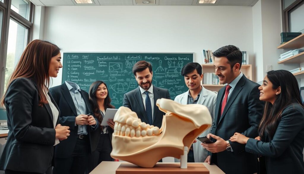 A detailed scene set in a modern dental school classroom, showcasing a diverse group of students engaged in a lively discussion. In the foreground, a focused group of three students, two women and one man, wearing professional business attire, study a large anatomical model of a human jaw. The middle section reveals a chalkboard filled with diagrams and notes about dental procedures. In the background, shelves display dental instruments and textbooks, while large windows let in soft, natural light, creating an inviting atmosphere. The angle is slightly elevated, capturing the collaborative energy of the classroom. The overall mood is academic and inspiring, reflecting the dedication and passion for dental studies.