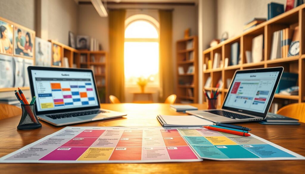 A detailed student schedule displayed on a large wooden desk, with neatly arranged college stationery including pens, a notepad, and a laptop showing a digital calendar. The foreground captures vibrant and colorful subject blocks with subjects like Mathematics, Literature, and Science, clearly marked in distinct sections. In the middle, a sunlit window allows warm, golden light to spill in, creating a cozy atmosphere perfect for studying. The background features a soft blur of a university environment, with bookshelves lined with academic texts and student art posters adding depth. The overall mood is organized, productive, and inspiring, encouraging the viewer to engage with their studies.