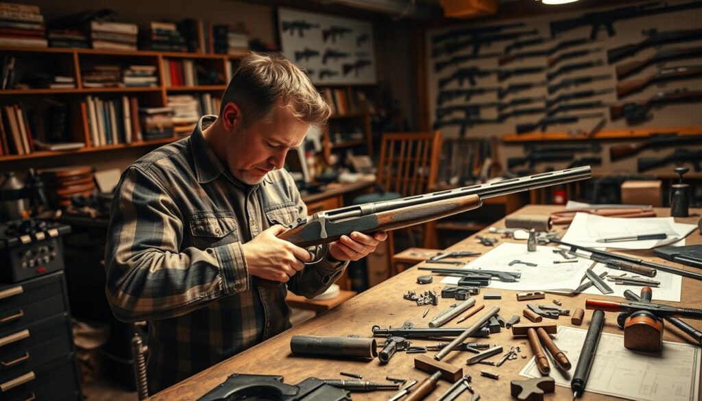 A detailed workshop scene focused on the art of gunsmithing, showcasing a skilled gunsmith at work. In the foreground, a professional gunsmith in modest casual clothing is carefully assembling a rifle, surrounded by tools like a lathe, files, and blueprints. The middle ground features a well-organized workbench strewn with parts and tools, with focused lighting casting highlights on the metal surfaces. In the background, shelves are lined with books and a wall displaying various types of firearms, enhancing the educational atmosphere. The lighting is warm and soft, creating an inviting and focused mood. The camera angle is slightly elevated, providing a comprehensive view of the workspace and the craftsman's diligent efforts in gunsmithing. A detailed workshop scene focused on the art of gunsmithing, showcasing a skilled gunsmith at work. In the foreground, a professional gunsmith in modest casual clothing is carefully assembling a rifle, surrounded by tools like a lathe, files, and blueprints. The middle ground features a well-organized workbench strewn with parts and tools, with focused lighting casting highlights on the metal surfaces. In the background, shelves are lined with books and a wall displaying various types of firearms, enhancing the educational atmosphere. The lighting is warm and soft, creating an inviting and focused mood. The camera angle is slightly elevated, providing a comprehensive view of the workspace and the craftsman's diligent efforts in gunsmithing.