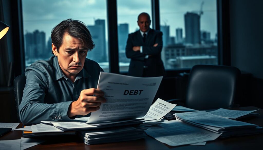 A dimly lit office environment showcasing a collection of ominous documents scattered across a desk. In the foreground, a frustrated individual in professional attire, with a look of concern and determination, examines a letter marked with alarming keywords such as "debt" and "urgent." The middle ground features a shadowy figure in a suit, representing a collection agent, standing with crossed arms, exuding intimidation and pressure. In the background, a large window reveals a bleak cityscape, hinting at outside stressors. The atmosphere is tense, with shadows casting an ominous vibe. The lighting highlights the contrast between hope and fear, focusing on expressions that convey the emotional toll of unfair collection practices. A dimly lit office environment showcasing a collection of ominous documents scattered across a desk. In the foreground, a frustrated individual in professional attire, with a look of concern and determination, examines a letter marked with alarming keywords such as "debt" and "urgent." The middle ground features a shadowy figure in a suit, representing a collection agent, standing with crossed arms, exuding intimidation and pressure. In the background, a large window reveals a bleak cityscape, hinting at outside stressors. The atmosphere is tense, with shadows casting an ominous vibe. The lighting highlights the contrast between hope and fear, focusing on expressions that convey the emotional toll of unfair collection practices.