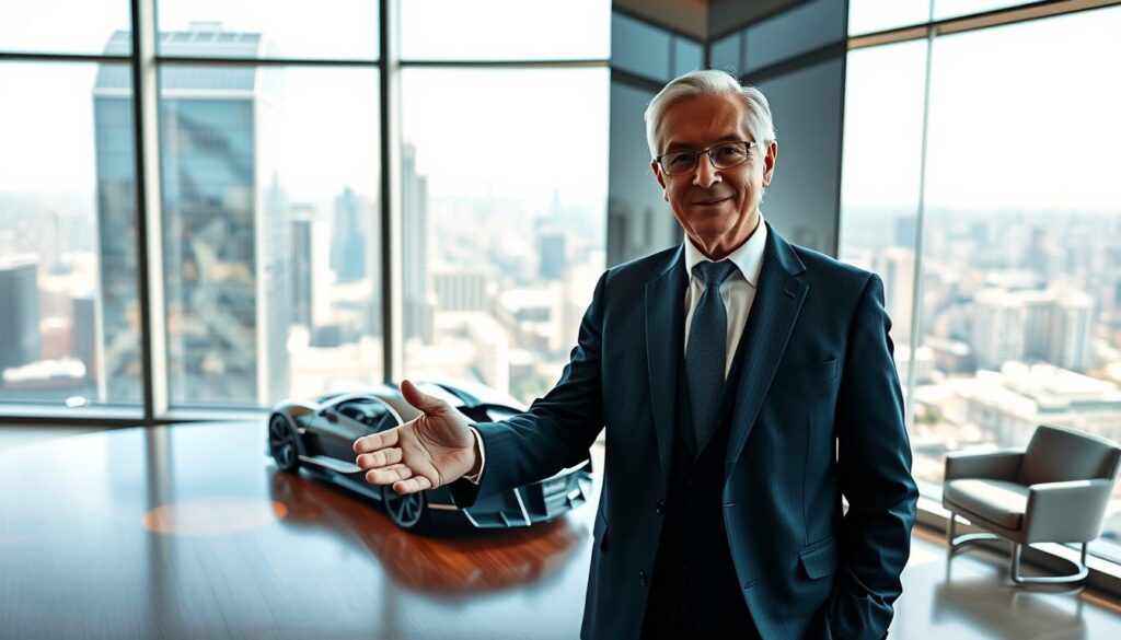 A distinguished business person, the owner of Bugatti, stands confidently in a sleek, modern office environment, showcasing an air of sophistication and authority. Dressed in a tailored, elegant suit with subtle luxury accessories, they exude professionalism. The foreground features the owner gesturing towards a Bugatti car model on a polished wooden table, emphasizing innovation and excellence. In the middle ground, large windows allow natural light to pour in, casting soft shadows, while an impressive view of a bustling cityscape sets a dynamic backdrop. The atmosphere is inspiring and aspirational, blending contemporary design with automotive heritage. The image should be captured with a medium focal length lens for a professional look, ensuring clarity and depth of field.